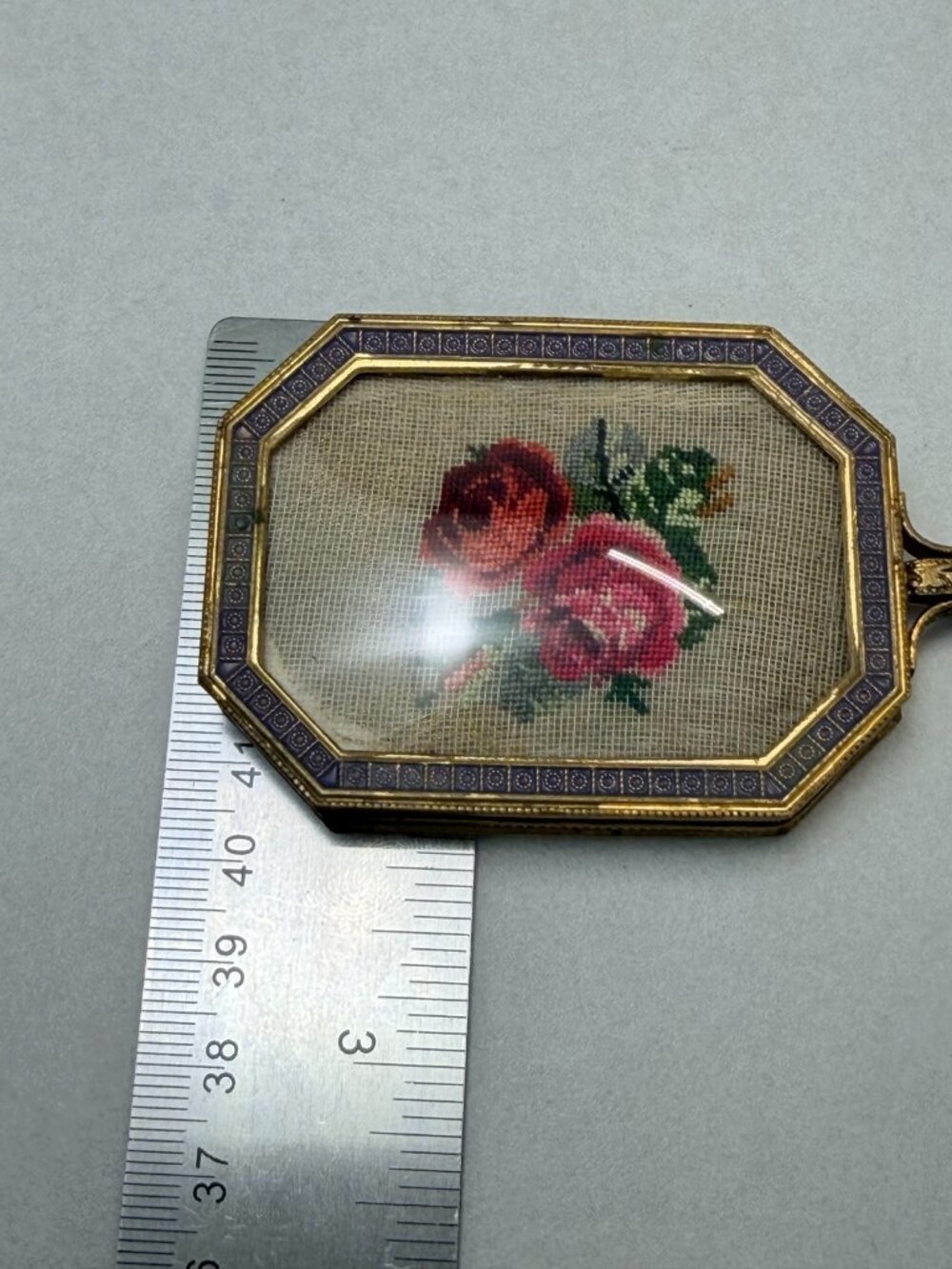 Vintage Ornate Hand Mirror Floral Needlepoint Gold Tone Small Vanity Mirror - Picture 5 of 11